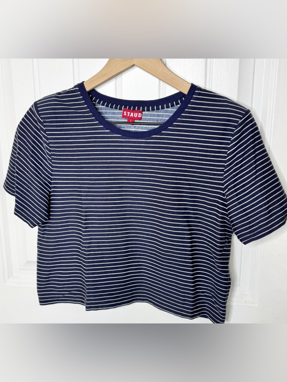 STAUD Cropped Stripe Tee w/ Shoulder Pads Navy White Boxy Top Small